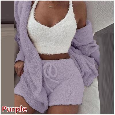 China QUICK DRY Pajamas OEM/ODM Woman Plus Size Fashion Winter Sleepwear Solid Plush Vest Hooded Robe Shorts Pajamas 3PCS Sets Women's Sleepwear for sale