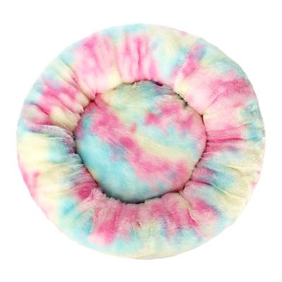 China Hot Selling Warming Soft Luxury Tie-Dye Pet Cat Dog Bed Donut Bed Winter Comfortable Warm Cushion Kennel Beds Fluffy for sale