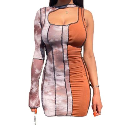 China Breathable Women's Simple Sleeve Color Contrast Patchwork Dress Plus Size Woman Casual Dress Brown Clothing for sale