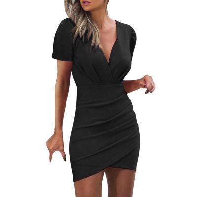 China Anti-static Women's V-Neckline Wrinkle Sheath Jumpsuit Asymmetrical Short Sleeve Wrap Skirt Hip Dress for sale