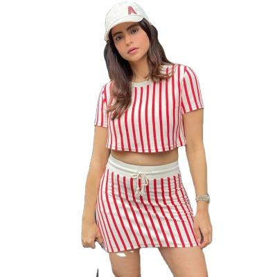 China QUICK DRY Women's Short Hip Top Skirt Two Piece Set Pink Striped Print Set Womens Clothing Fall Salon Wear for sale