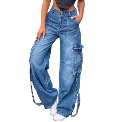 China Women Solid Color Breathable Wide Leg Pants Cargo Pocket Jeans Pants Wide Leg Wide Leg Jumpsuits for sale