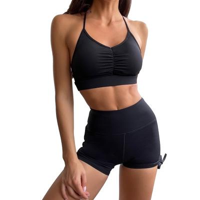 China 2021 Women's Solid Color Fitness Yoga Wear Breathable High Drawstring Waist Shorts Sports Shaping Back Bra Set for sale