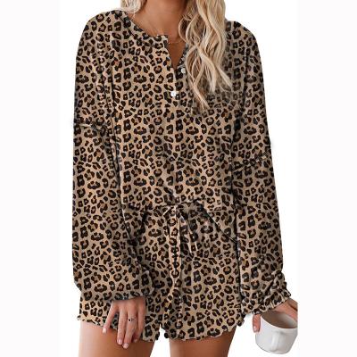 China Breathable Women's Half Sleeve Ruffled Tie Dye Sleep Wear Shorts Homewear Leopard Print Two Piece Sets for sale