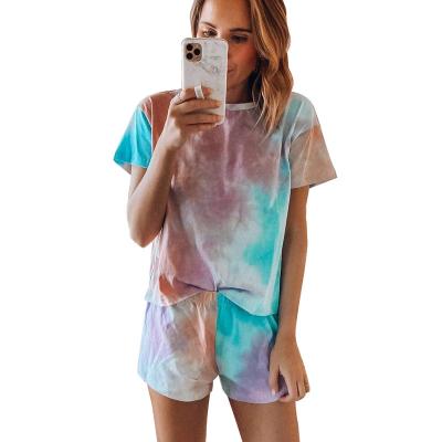 China QUICK DRY women's casual fashion pajamas printing pajamas T-shirt tie dye two-piece home wear for sale