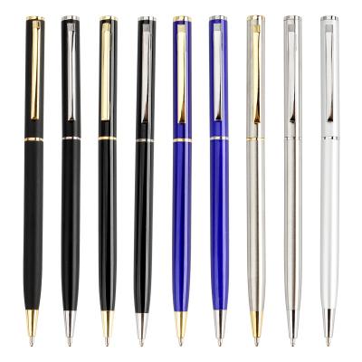 China Promotional pen metal body twist slim ballpoint pen with logo silver metal pen boligrafos de caneta slim ballpoint pen for sale