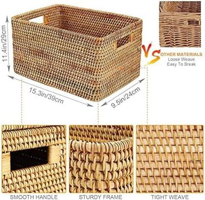 China Indonesia Woven Bed Rectangle Square Baskets Trays Sustainable Hanging Vegetable Plankton Around Serving Tray Set With Handle Lid Rattan Storage Basket for sale