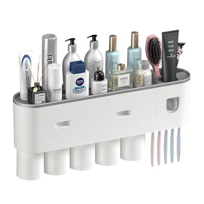 China Wholesale Toilet Toothbrush Holder Multi-Cup ABS Storage Punchless Wall Mounted Toothbrush Holder Set for sale