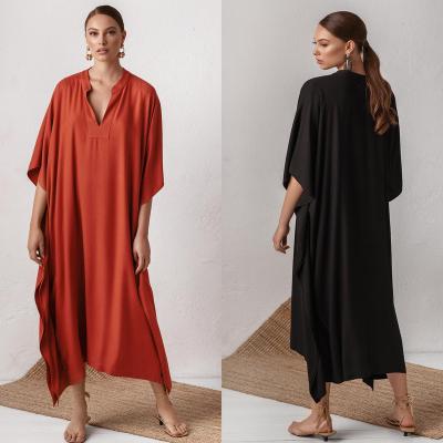 China Windproof Polyester V-Neck Maxi Dress Bikini Beach Shirt Windproof Beach Cover Up for sale