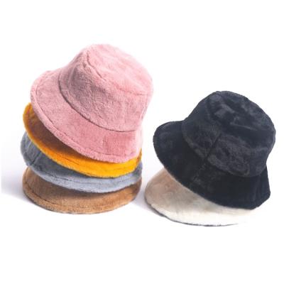 China Character Plain Fleece Fuzzy Winter Bucket Hat Plush Fur Bucket Hat Designer Custom Logo for sale