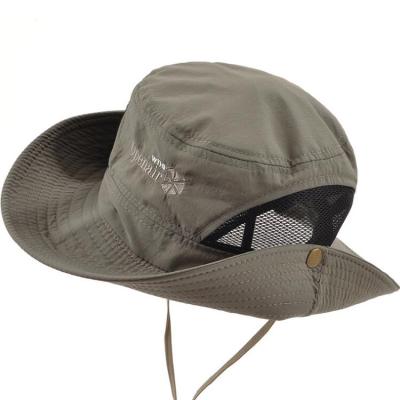 China Custom Character Men's Outdoor Nylon Wide Brim Fishing Mesh Bucket Hat With String Hat With Embroidery Logo for sale