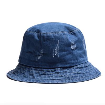 China Character Blue Jean Distressed Bucket Hat High Quality Men's Small MOQ Empty Denim Bucket Hat for sale