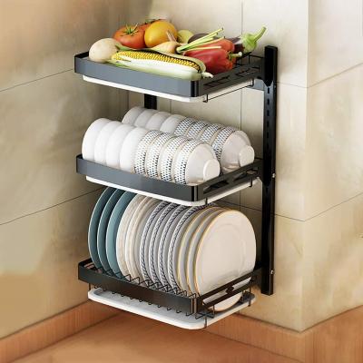 China Sustainable High Quality Wall Mounted 3 Tier Countertop Kitchen Metal Dish Drying Rack With Water Tray for sale