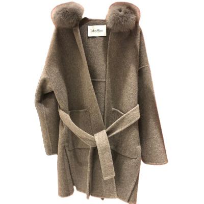 China New Design Loose Waist Double Wool Waterproof Coats Fur Fox Hood Women Cashmere Coat for sale