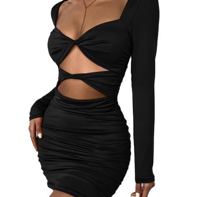 China New Arrival 2022 Fashion Cavity Dress V Long Sleeve Casual Sexy Deep Tie Pleated Dress Anti-Static For Women for sale