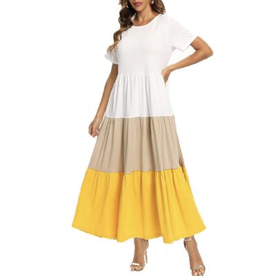 China 2021 summers anti-static color blocking elegant three-tiered neck square floor skirt women's clothing maxi dress for sale