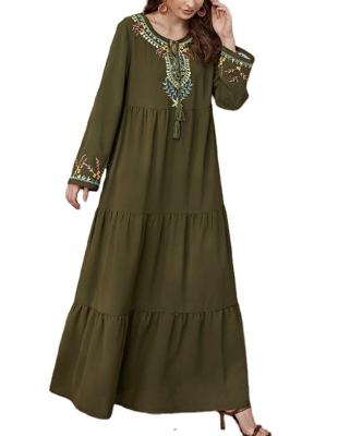 China 2021 Dubai Women Embroidery Army Women's Islamic Clothing Abayas Dress Muslim Long Sleeve Maxi Abaya Dress Customized Size for sale