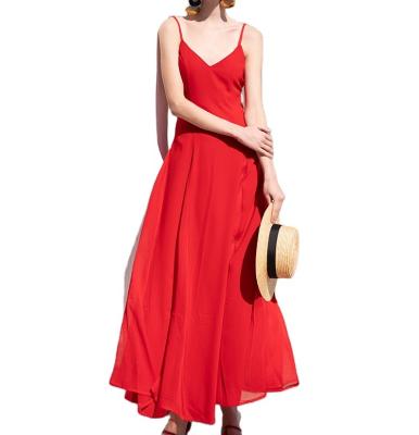 China Breathable Women's Sexy Spaghetti Tie Maxi Dress 2021 Red Backless Long Casual Chiffon Ladies Dress Boho Maxi Beach Summer Dress for sale