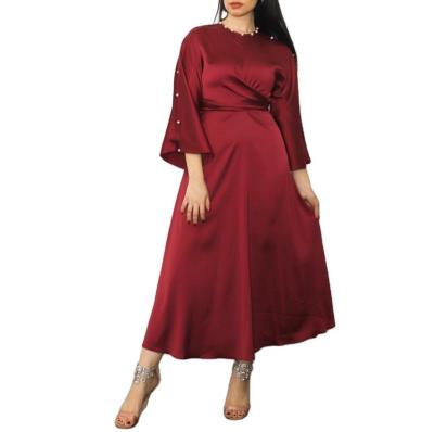 China Latest Design Polyester Middle East Dubai Women Long Sleeve Ramadan Solid Color Satin Ruffle Muslim Dress for sale