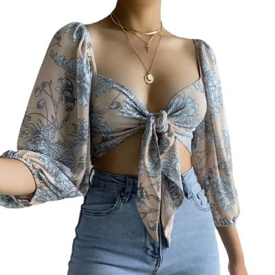 China Fashionable Floral Print Women Long Sleeve Chiffon Tops Blouses Plus Size Hollow Out Summer Tops for sale