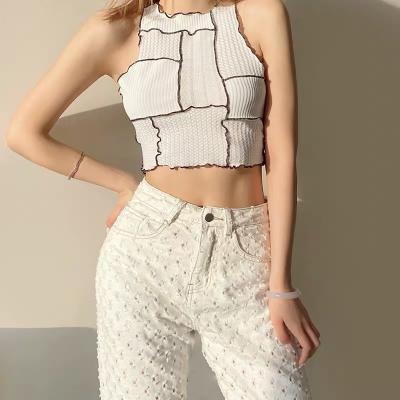 China Anti-pilling 2021 sexy striped knitted round women's style round neck crop summer fashion neck crop sleeveless top for sale