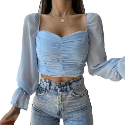 China Anti-Wrinkle Chiffon Blouse Ruffle Puff Women Blouse Summer Sheath Long Female Shirt Tops for sale