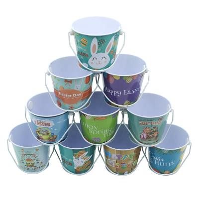 China High Quality Happy Round Happy Round Beer Can Tin Packing Metal Handle Candy Easter Tin Bucket Easter Tin Small Popcorn Bucket For Kids for sale