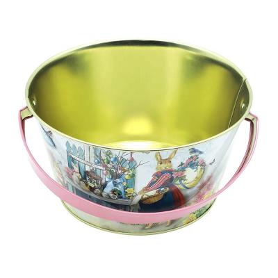 China Delicate Small Food Packaging Metal Paint Tin Pail Delicate Viable Children's Day Easter Candy Tin With Handle Tin Pail Flower for sale