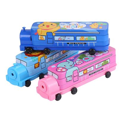 China Schools & Creative Offices Cartoon Bus Modeling Metal Tin Box School Student Gift Pencil Case Double Layer Pen Pencil Case Large Capacity for sale