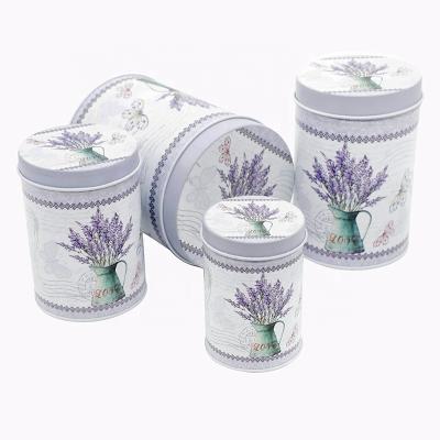 China Lavender Eco-friendly Printing High Quality Round COOKIE Four-piece Storage Candy Coffee Packaging Round Tall Tin Box for sale