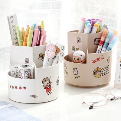 China Plastic Office Stationery Receiver Pencil Storage Box Office Desk Can Be Turned Cylindrical 3 Cell Pen Holder Pencil Organizer for sale