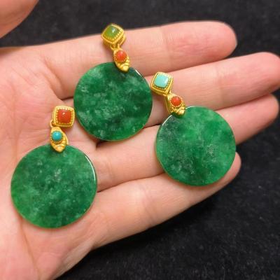 China 1Pcs/lot Natural Vintage Material Square Pendant Emerald Jade Dry Green Ruyi Lock Necklace s925 Silver Gold Plated Necklace Woman Jewelry for sale