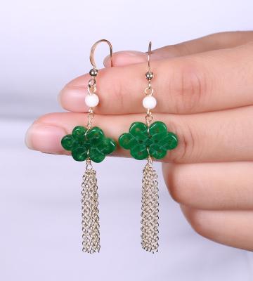 China Sapphire Chinese Knot Tassel Earrings 14K Gold CLASSIC Natural Jadeite Women's Jewelry Oorbellen Voor Vrouwen Kolczyki Damskie Dried Crochet Women for sale