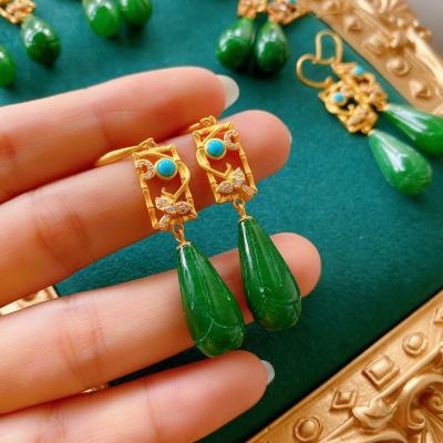 China CLASSIC Natural Jadeite Sapphire Stone Earrings Dries 14 Pack Gold Ear Hooks Vine Jewel Magnolia Flower Pendientes Women Jewelry for sale