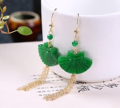 China Office/Palace Ethnic Oorbellen Voor Vrouwen Quarry Jadeite Jade Blue Tassel Drop Earrings Natural Fan Jewelry Woman Pendientes Mujer Retro for sale