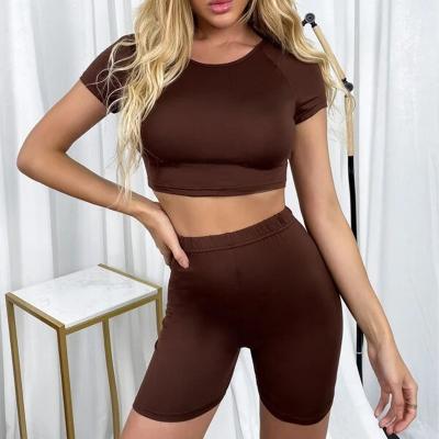 China Custom Solid Anti-wrinkle Women's Summer Workout Crop Tee And Biker Shorts 2 Piece Short Set for sale