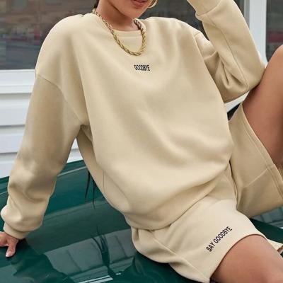 China Custom Anti-wrinkle Drop Shoulder Brown Logo Womens Pullover Jogger Shorts Set Letter Graphic Pants Two Piece Set for sale