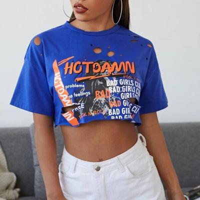 China Anti-Wrinkle Women Summer Round Neck Ripped Detail Slogan Graphic Tee Crop Top for sale