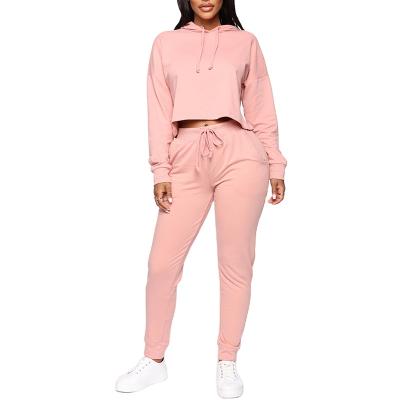 China Cotton Breathable Plain Pink Hoodie Crop Pockets Pants Top Skinny Woman Streatwear Tracksuits for sale