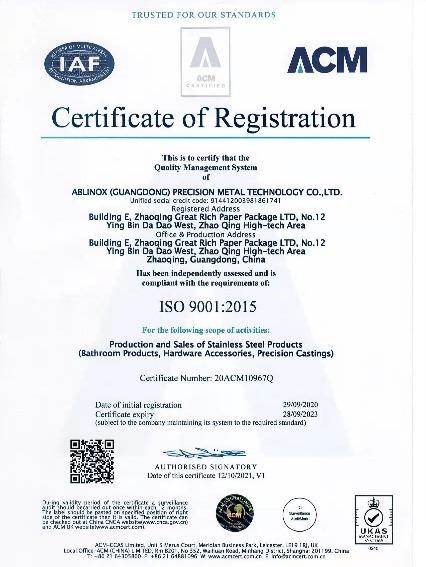 ISO9001 - Ablinox (guangdong) Precision Metal Technology Co., Ltd.