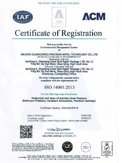 ISO14001 - Ablinox (guangdong) Precision Metal Technology Co., Ltd.