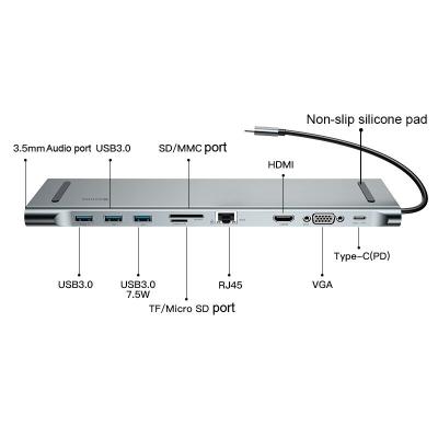 China Data Transfer TC101H 10 in 1 Usb C Hub for Laptop Type C Multiport RJ45 VGA 10 Ports USB Connector HUB for sale