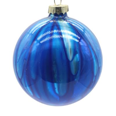 China Indoor Hot Sale Blue Christmas Glass Ball With Bead Painted Hanging Christmas Ball for sale