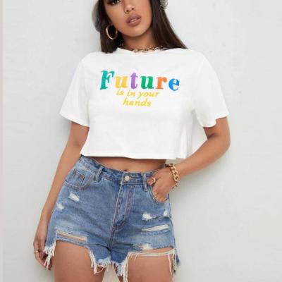 China Hot Selling Anti-wrinkle New Arrival Cotton Spandex Women Summer T-shirt Logo Design Casual Wholesale Letter Casual Graphic Crop Top T-shirts for sale