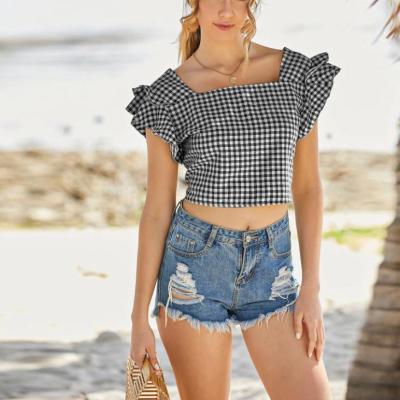 China Wholesale Professional Square Trim Ruffle Summer Anti-pilling Manufacturer Gingham Butterfly Sleeve Blouse Casual Neck Blouse For Ladies for sale