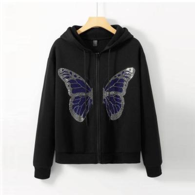 China Anti-wrinkle rhinestone butterfly hoodie fall/winter kangaroo pocket wholesale high quality custom 100% cotton lined zip up hoodie for sale