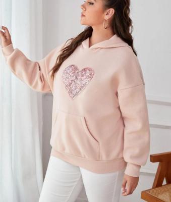 China Anti-wrinkle new arrival hot sale design women plus size pink hoodie drop shoulder heart sequin high quality wholesale price custom hoodie for sale