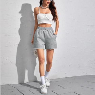 China wholesale custom high quality high quality casual women lane shorts design Anti-wrinkle logo raw edge with pocket cotton soft shorts for sale