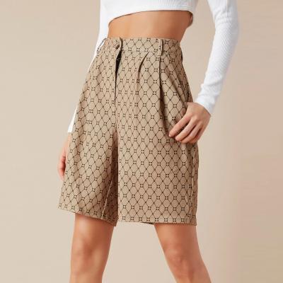 China Custom Casual Fashion Breathable All Good Quality Over The Fly Printed Khaki High Waist Zipper Womens Cropped Pants Pleated Shorts for sale