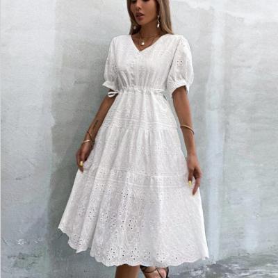 China Hot Sale New Arrival Anti-Static Fashion Women Dress Custom 100% Cotton Brand Eyelet Embroidery Drawstring Waist Puff Sleeve Dress Wholesale for sale